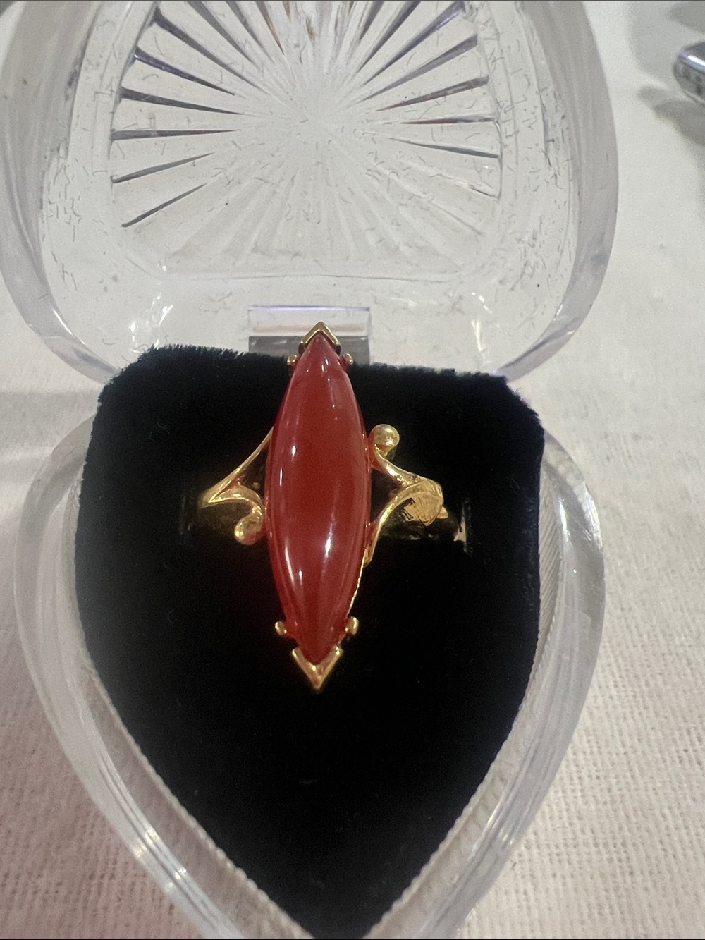 B#64- AvonGold Ring with Marquise Red Coral Stone